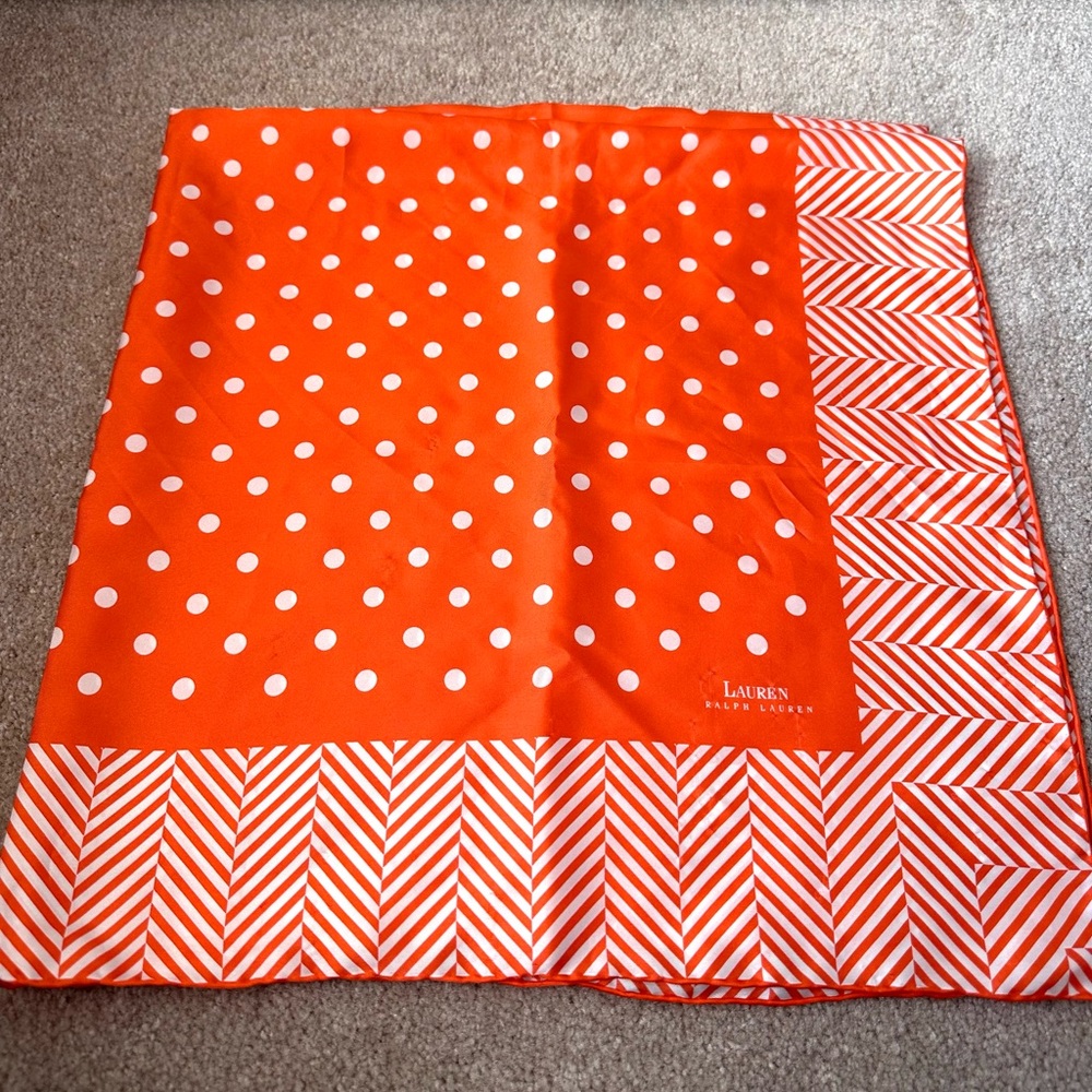 Lauren Ralph Lauren Orange Polka Dot Scarf – Silk Feel – Bright Designer Scarf